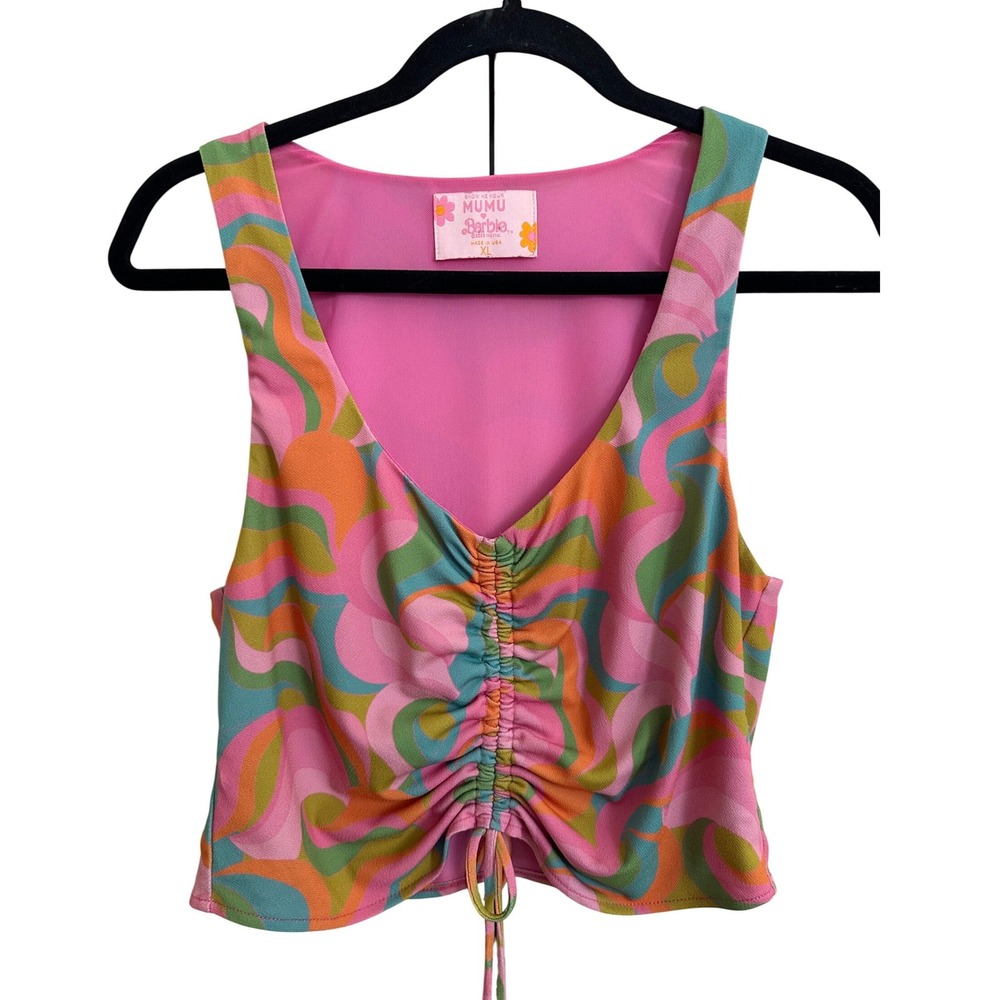 Show Me Your Mumu Barbie Retro Swirl Ruched Crop Top XL Pink Orange CMM2-51-RW51